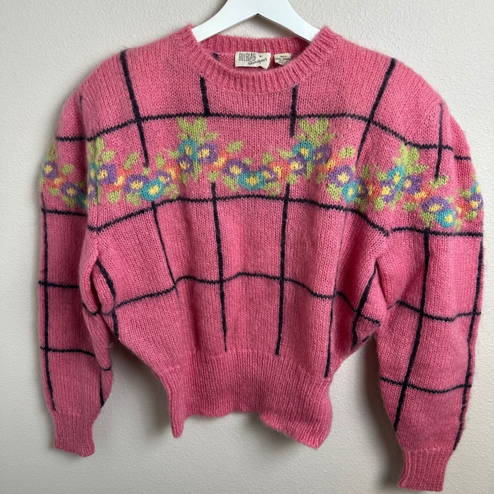 Cottagecore Vintage Sweater Mohair Wool Pink Medium Relaxed Floral Grid Retro